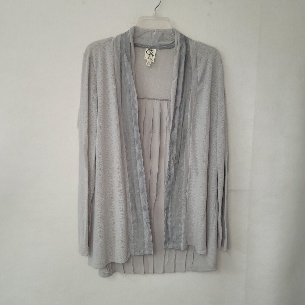 One September Grey Textured‎ Knit Open Front Cardigan M Lace Pleated Back